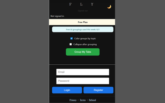 Fly Chrome extension free plan interface showing tab grouping with 3 free AI groupings per week, login and register options