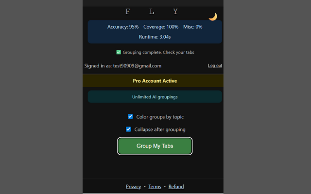 Fly Chrome extension Pro plan interface showing 95% accuracy, 100% coverage, unlimited AI groupings, and advanced features